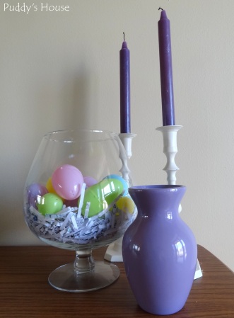 Easter Decorations - Eggs in vase and candlesticks and purple thrifted vase